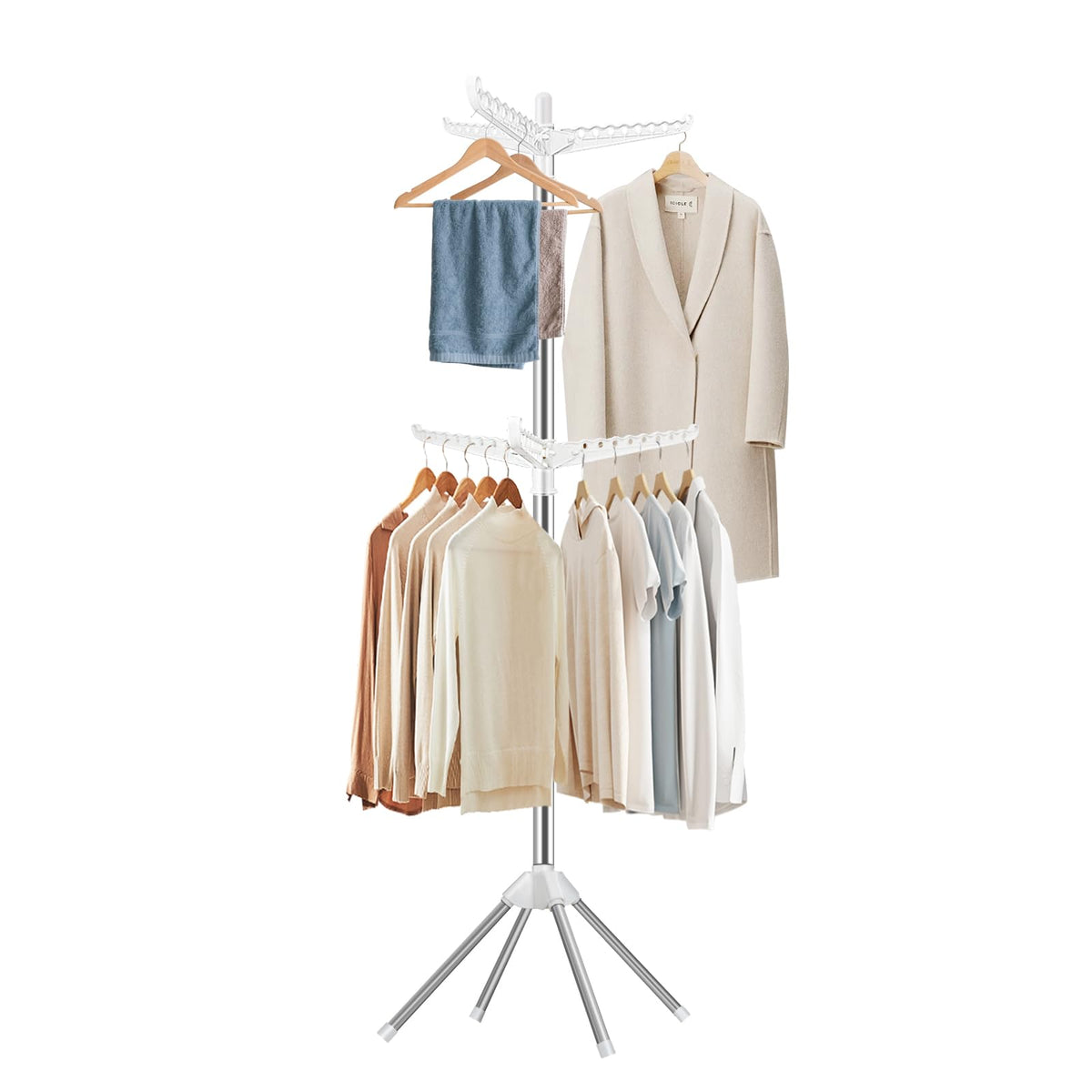 SUYU Clothes Drying Rack, Foldable Drying Rack Clothing, Laundry Drying Rack, 59-Inch Indoor Clothes Airer with 3 Rotatable Arms, Stainless Steel,4 Legs,White and Silver SNJ101