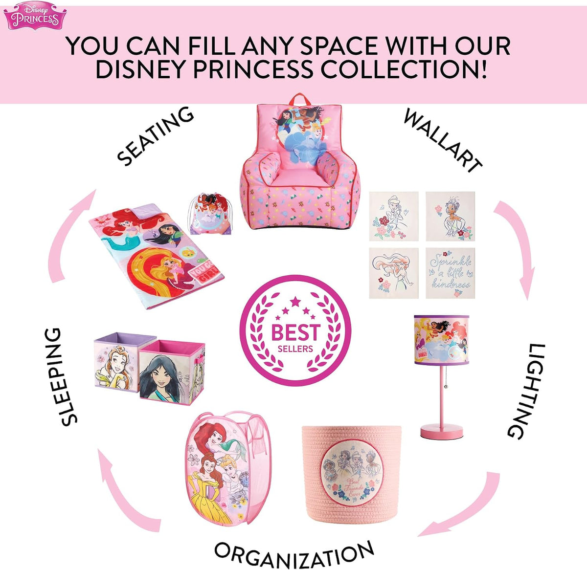 Disney Princess Pop-Up Laundry Hamper for Kids,Collapsible Mesh Storage Basket with Handles, Foldable Toy & Clothes Organizer, Pink Princess Design