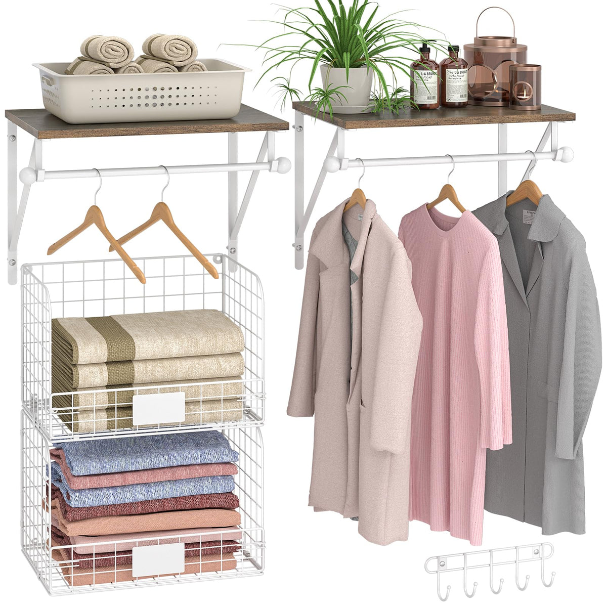 Laundry Room Shelves Wall Mounted with Wire Baskets, Over the Washer and Dryer Shelf with Clothes Drying Rack, Wire Shelves Baskets for Laundry Closet Organization and Storage, Wood+Metal, Black