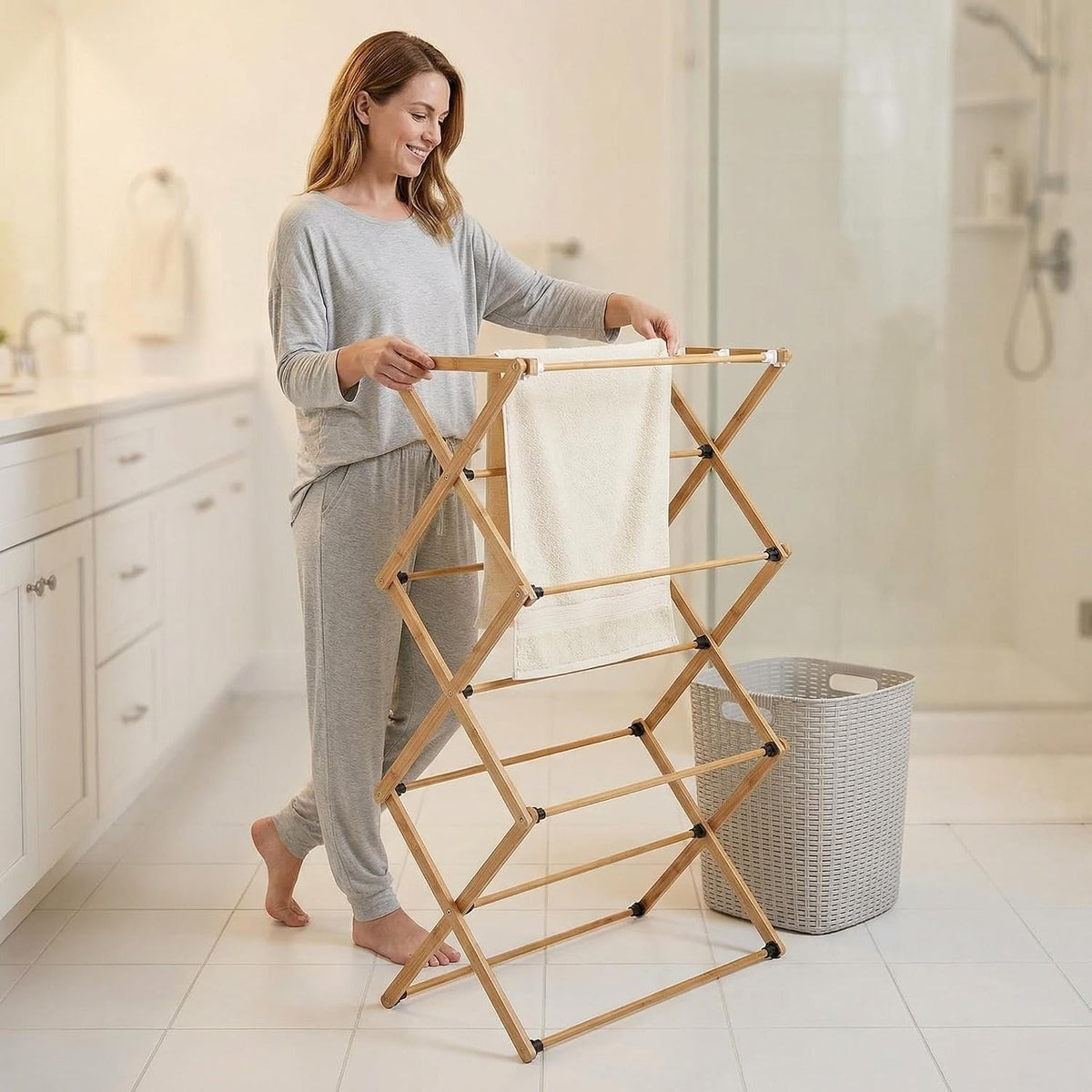 FJO Foldable Bamboo Clothes Drying Rack, 3-Tier Collapsible Laundry Clothes Hanger, Portable Wooden Drying Rack, Space Saving Indoor Outdoor, 28'' D x 15'' W x 39.3'' H, Beige