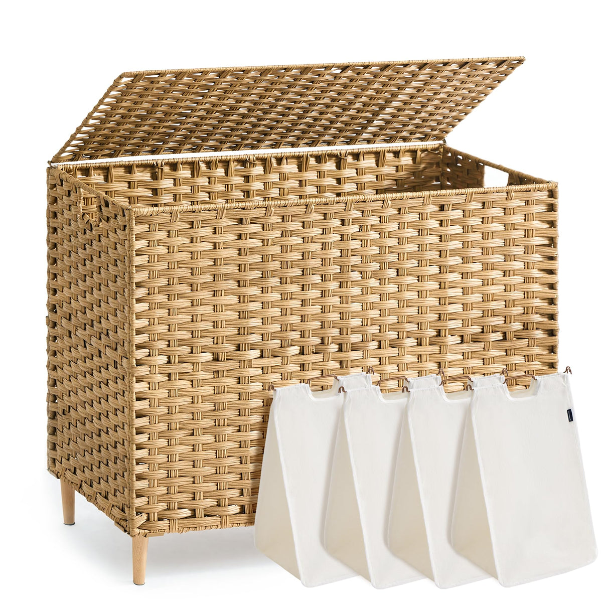 SONGMICS 4-SectionLaundry Hamper With Lid, PE Rattan, 55.5 Gallons (210 L)