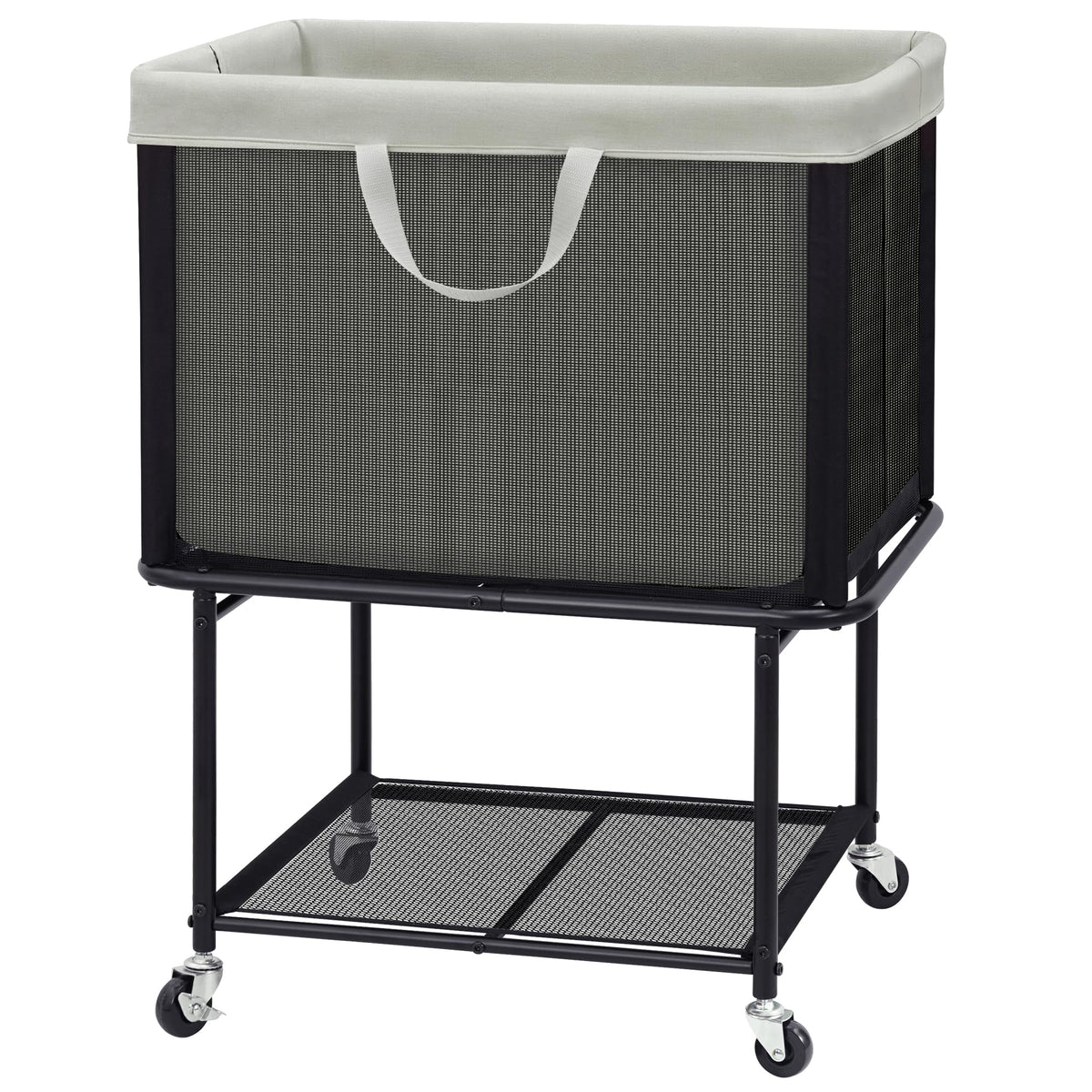 STO STO Rolling Laundry Hamper with Lockable Wheels, 29-Gallon (110L) Laundry Cart with Removable Canvas Bag, 2-Tier Clothes Basket Hamper with Shelf for Closet, Bedroom, Bathroom, Laundry Room, Beige
