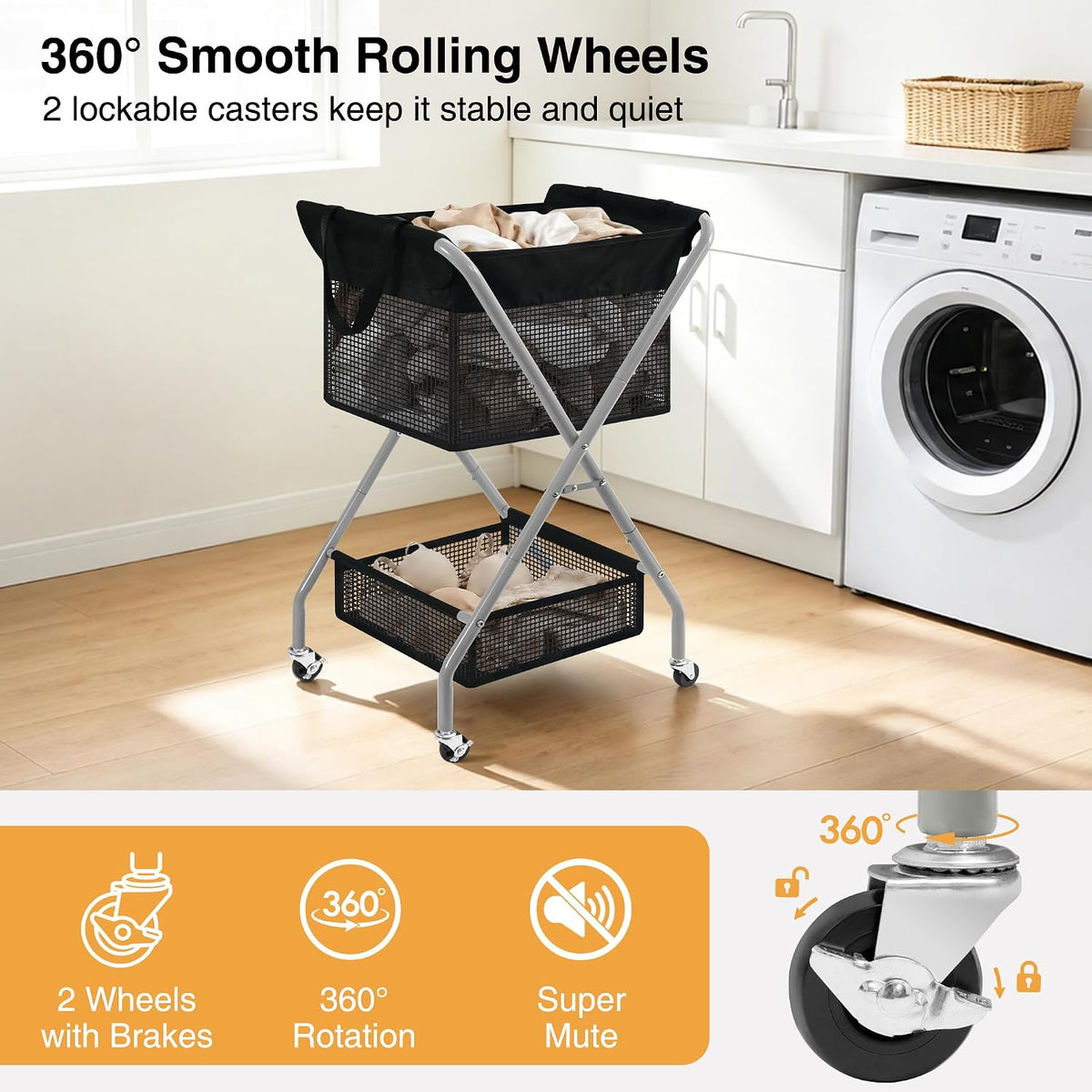 STO STO 2-Tier Foldable Laundry Cart with Wheels, 75L Tall Rolling Laundry Hamper, Collapsible Laundry Basket with Removable Bag, Rust-Resistant Steel Frame for Laundry Room, Bathroom, Dorm, Black