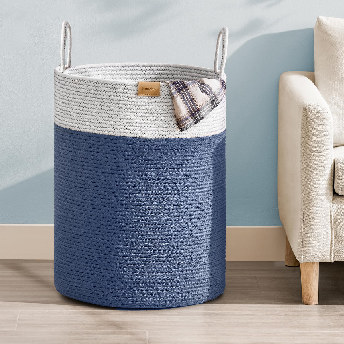 Nunsino Tall Laundry Basket Hamper 95L,Cotton Rope Storage Hamper with Reinforced Handles,Decorative Blanket & Toy Basket for Living Room, Bedroom, Nursery, Dark Brown