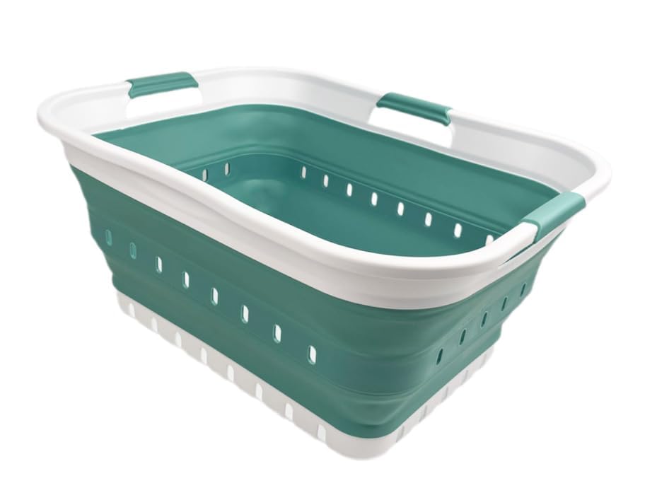 SAMMART 42L (11 gallon) Collapsible Plastic Laundry Basket - Foldable Pop Up Storage Container/Organizer - Space Saving Hamper/Basket (1, White/Dark Grey)