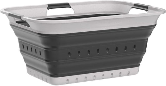 SAMMART 42L (11 gallon) Collapsible Plastic Laundry Basket - Foldable Pop Up Storage Container/Organizer - Space Saving Hamper/Basket (1, White/Dark Grey)