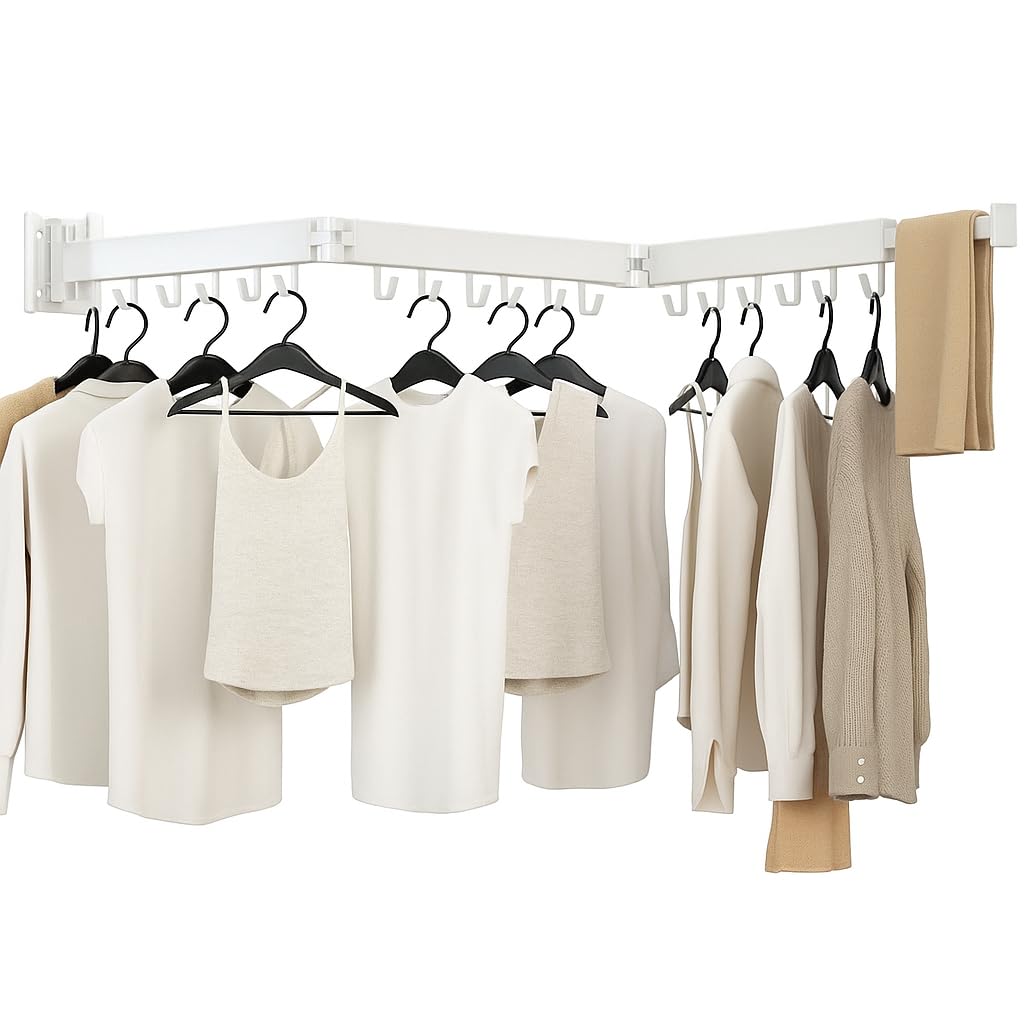 Kelisiting Clothes Drying Rack, Wall Mounted Laundry Drying Rack, Upgrade 3-Fold Foldable Collapsible Retractable Clothing Drying Rack with 12 Dual Hooks Organization for Laundry Room Indoor- Black