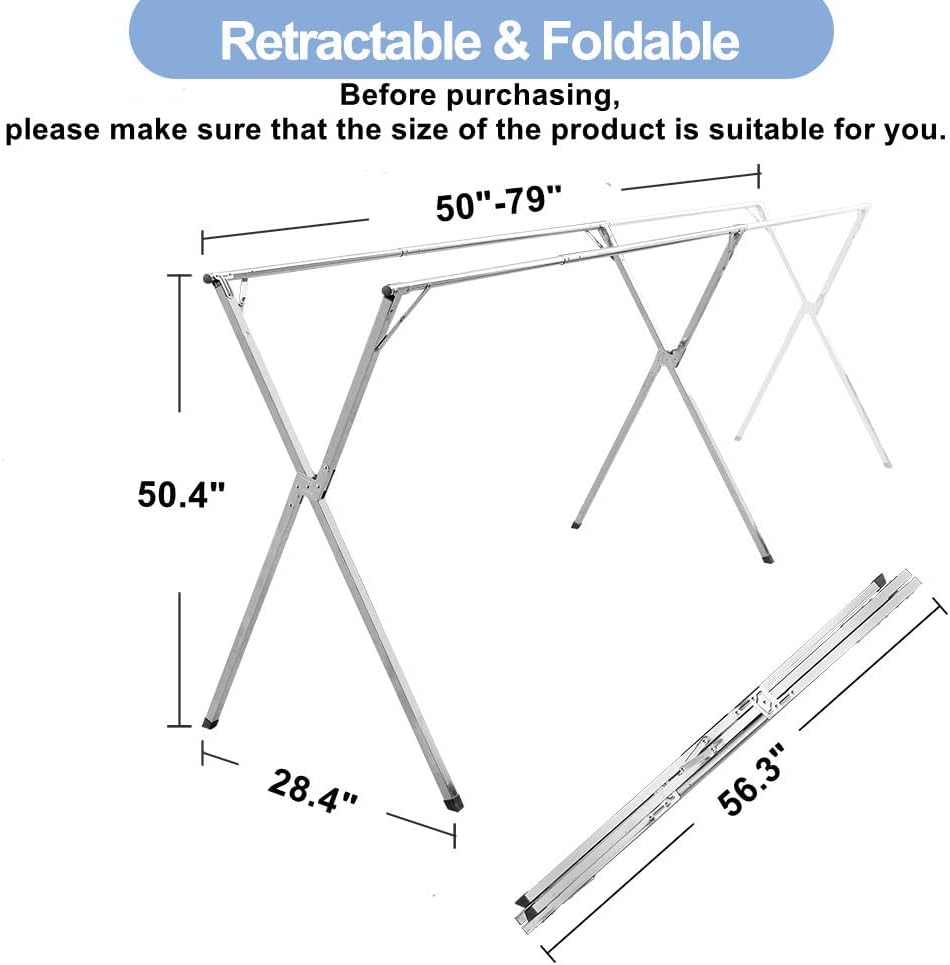 2026 Premium Stainless Steel Clothes Drying Racks, Foldable and Adjustable Laundry Drying Rack Clothing for Indoor Outdoor （79" D x 28.4" W x 50.4" H）