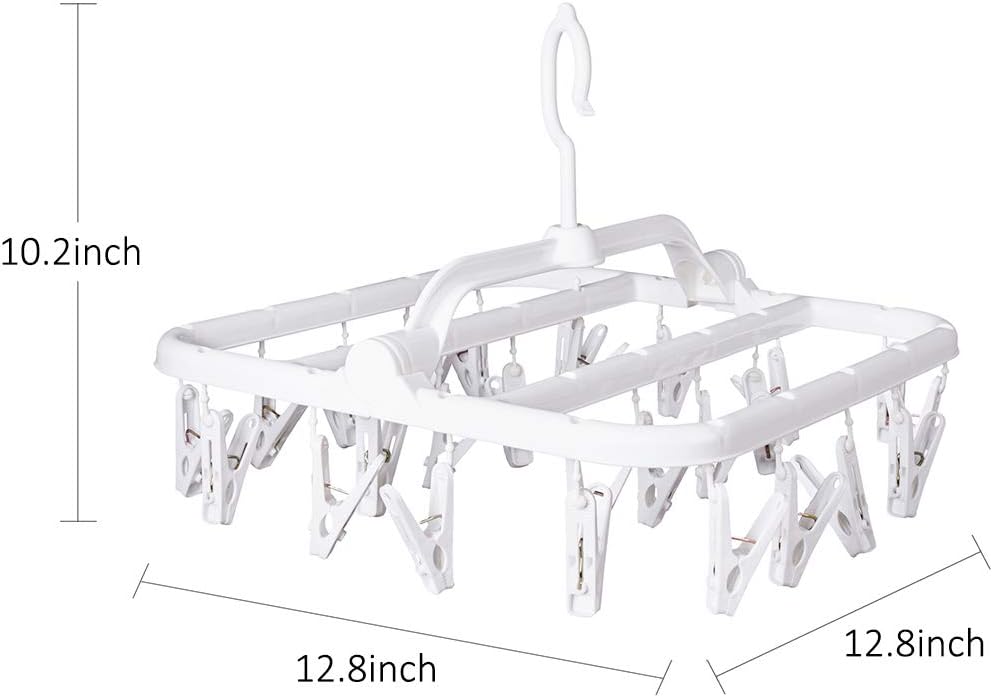 Foldable Clip Hangers with 26 Drying Clips, Underwear Hanger with Clips, Plastic Laundry Clip and Drip Drying Hanger for Socks, Bras, Lingerie, Clothes, Sturdy, White