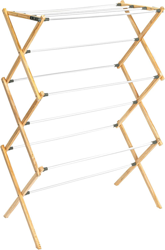Household Essentials X-Frame Clothes Drying Rack, Stabile Wood Frame with Slanted Feet, Smooth Vinyl Wrapped Rods, 23.8 Feet of Hanging Space, Ready to Assemble, Flat Top, Natural