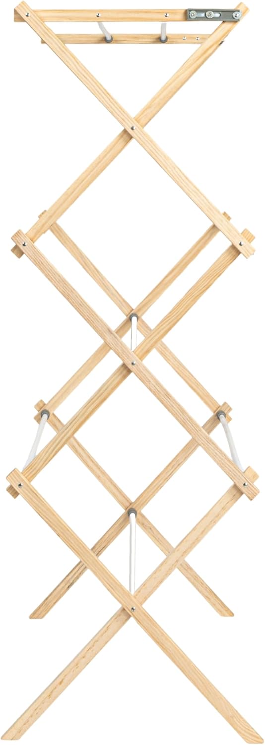Household Essentials X-Frame Clothes Drying Rack, Stabile Wood Frame with Slanted Feet, Smooth Vinyl Wrapped Rods, 23.8 Feet of Hanging Space, Ready to Assemble, Flat Top, Natural