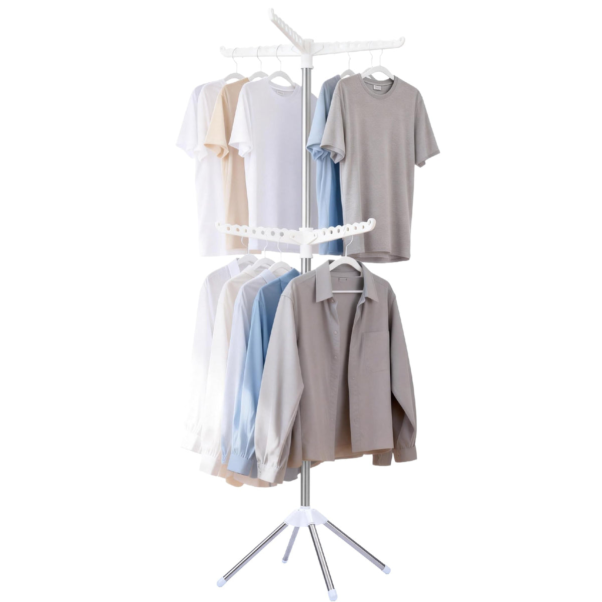 Beaudaily Clothes Drying Rack, Foldable Laundry Drying Rack, Indoor 59-Inch Drying Rack Clothing with 3 Rotatable Arms, Stainless Steel, Holds 27 Pieces, Space Saving, Portable, White and Silver