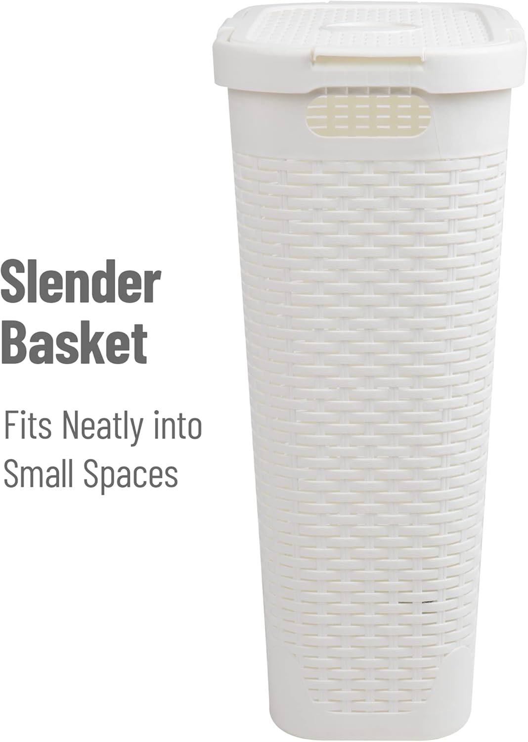 Mind Reader Slim Laundry Hamper with Lid, 40L Clothes Basket, Narrow Tapered Design with Ventilated Cutout Pattern, Plastic, White