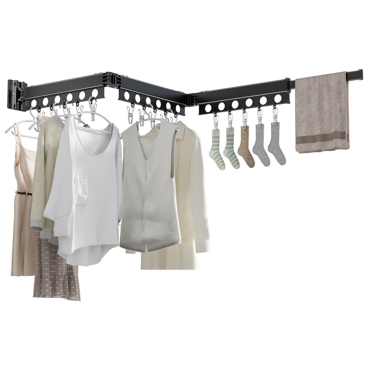 Wall Mounted Clothes Drying Rack, Wall Clothes Hanger Foldable, Laundry Hanger Hook for Bathroom, Wall Clothes Rack Indoor, Perfect for Small Spaces, Matte Black