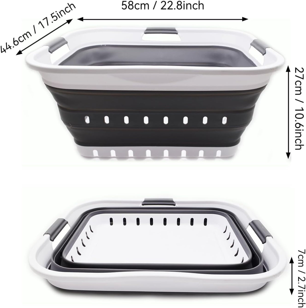 SAMMART 42L (11 gallon) Collapsible Plastic Laundry Basket - Foldable Pop Up Storage Container/Organizer - Space Saving Hamper/Basket (1, White/Dark Grey)
