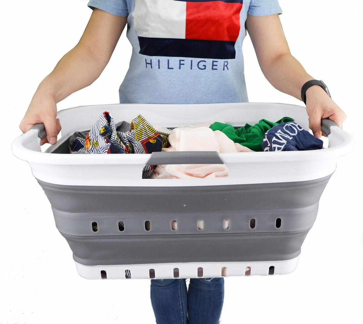 SAMMART 42L (11 gallon) Collapsible Plastic Laundry Basket - Foldable Pop Up Storage Container/Organizer - Space Saving Hamper/Basket (1, White/Dark Grey)
