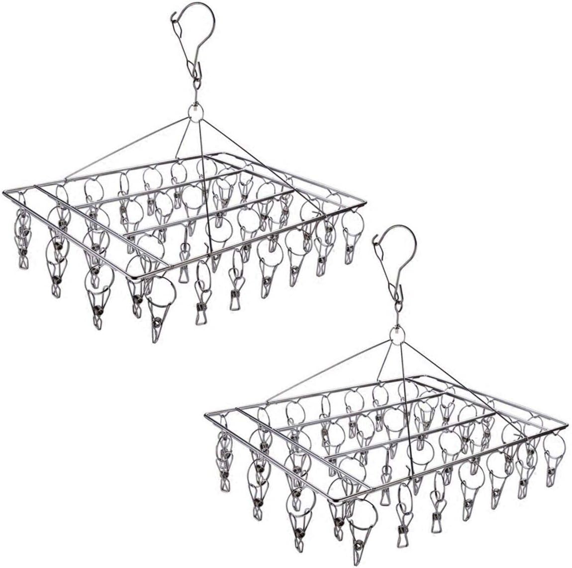2 Pack Stainless Steel Sock Drying Rack with 72 Clips, Swivel Wind-Proof Hook Clothes Hanger Dryer for Sock, Underwear, Bra, Laundry Accessories