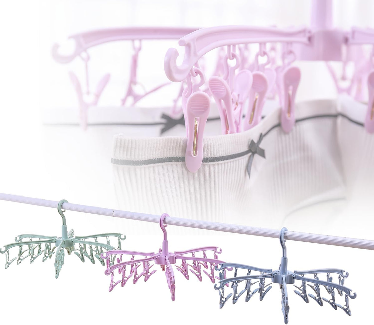 Foldable Drying Rack with 24 Clips for Drying Socks Lingerie Baby Clothes Drying Towels Rotatable Sock Drying Rack