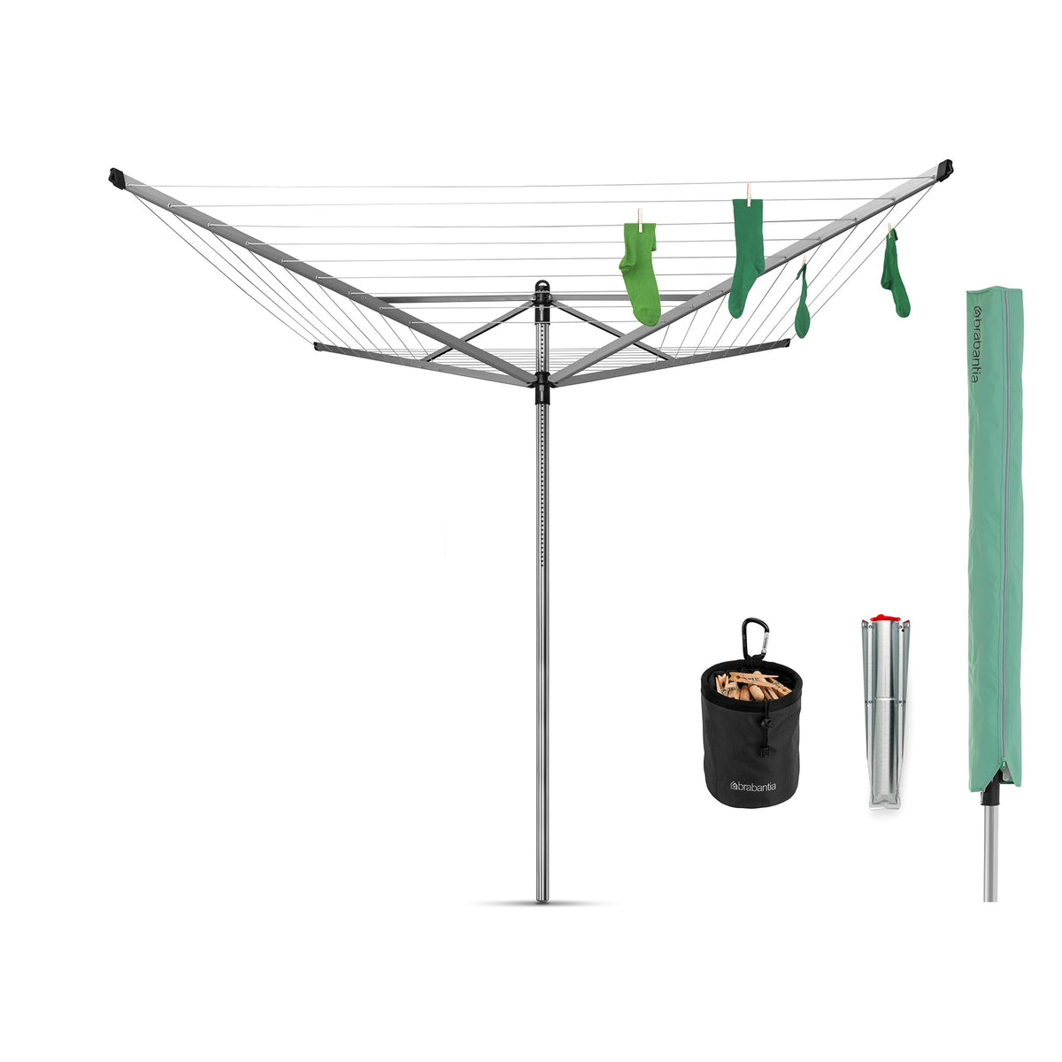 Brabantia Lift-O-Matic Outdoor 4 Arm Clothesline (197 ft/Ø 1.8") Height Adjustable, Folding Clothes Drying Rack + Ground Spike & Cover (Gray)