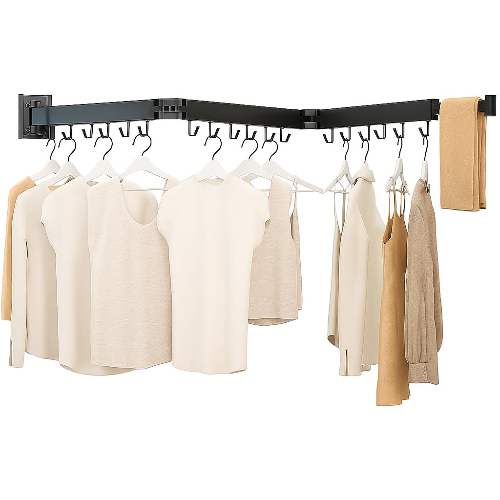 Kelisiting Clothes Drying Rack, Wall Mounted Laundry Drying Rack, Upgrade 3-Fold Foldable Collapsible Retractable Clothing Drying Rack with 12 Dual Hooks Organization for Laundry Room Indoor- Black