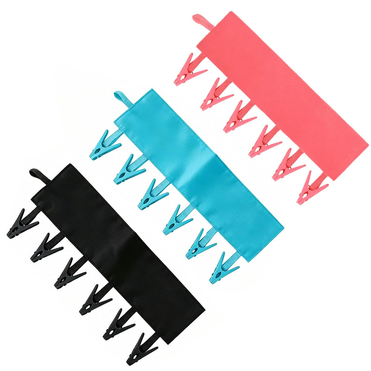Mini Clothespins Travel Hangers 3-Pack: Foldable Portable Clothes Hangers w/ 6 Clips for Swimsuit, Towel & Sock Drying Rack - Cruise, Dorms, Travel (Black, Blue, Red)