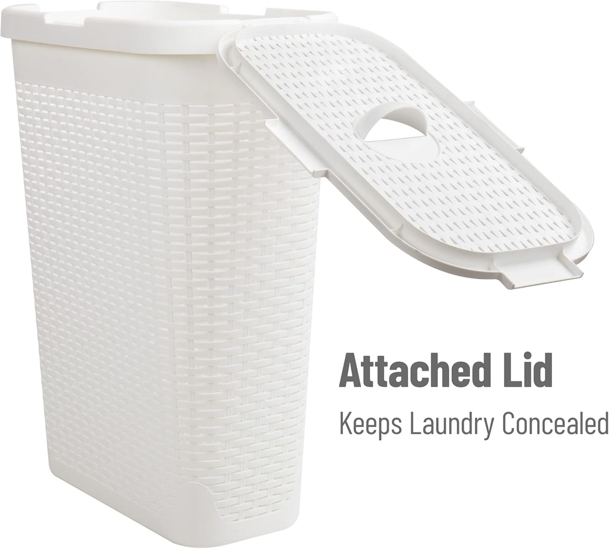 Mind Reader Slim Laundry Hamper with Lid, 40L Clothes Basket, Narrow Tapered Design with Ventilated Cutout Pattern, Plastic, White