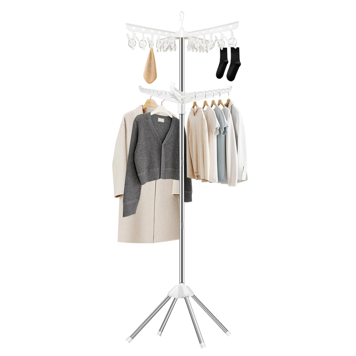 SUYU Clothes Drying Rack, Foldable Drying Rack Clothing, Laundry Drying Rack, 59-Inch Indoor Clothes Airer with 3 Rotatable Arms, Stainless Steel,4 Legs,White and Silver SNJ101