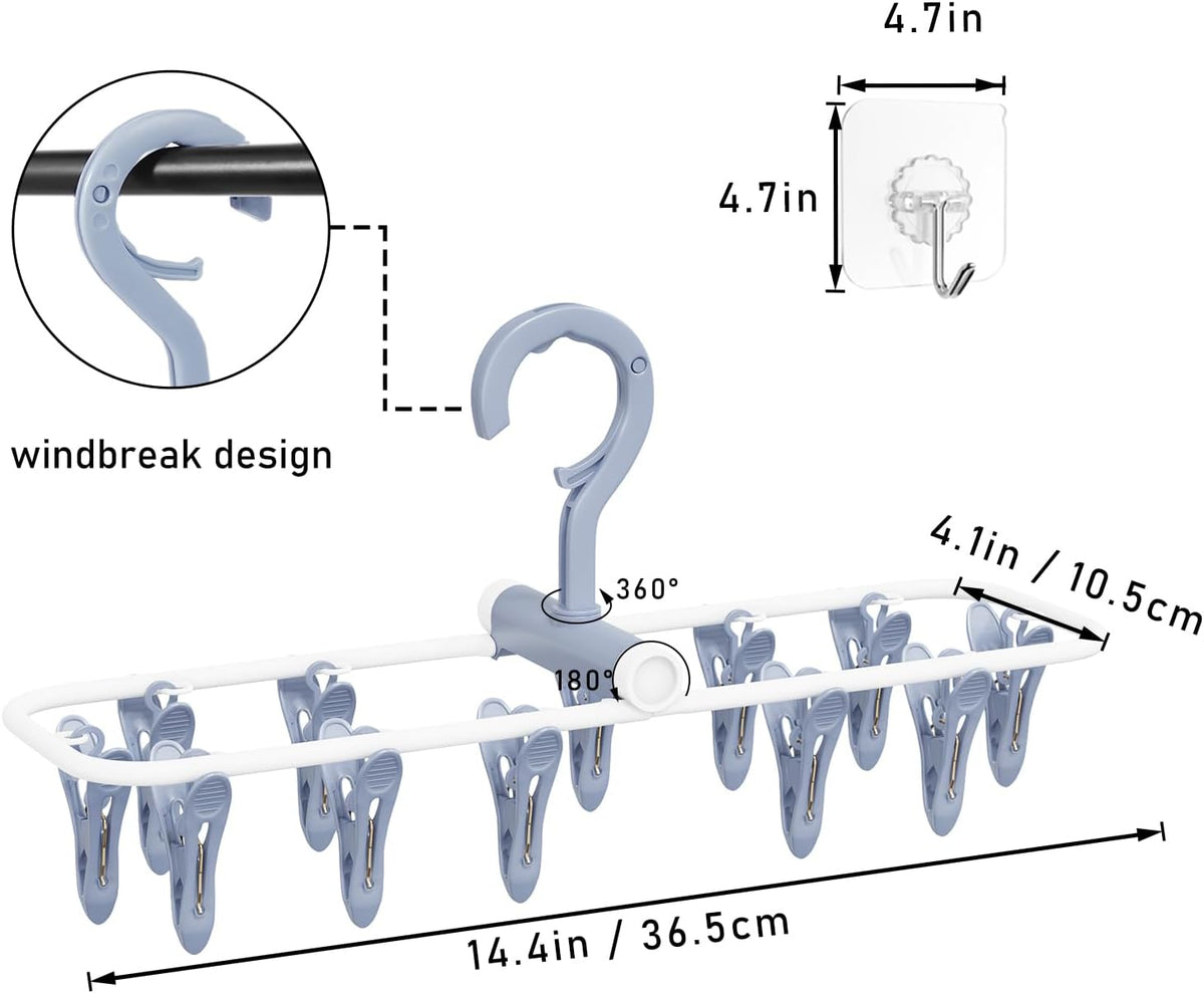 Clothes Drying Hanger with 12 Clips, 2 Pack Folding Portable Hanging Drying Rack,Drip Foldable Hanging Rack, 360° Rotatable Hook for Drying Towels Bras Baby Clothes Gloves Plastic(Blue&Purple)