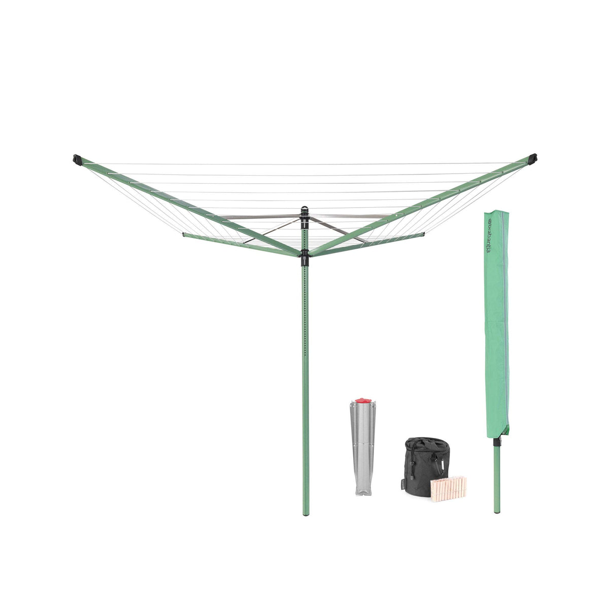 Brabantia Lift-O-Matic Outdoor 4 Arm Clothesline (197 ft/Ø 1.8") Height Adjustable, Folding Clothes Drying Rack + Ground Spike & Cover (Gray)