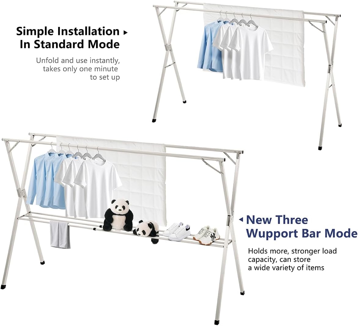 95 inches Foldable Clothes Drying Rack, Stainless Steel Indoor Outdoor Use