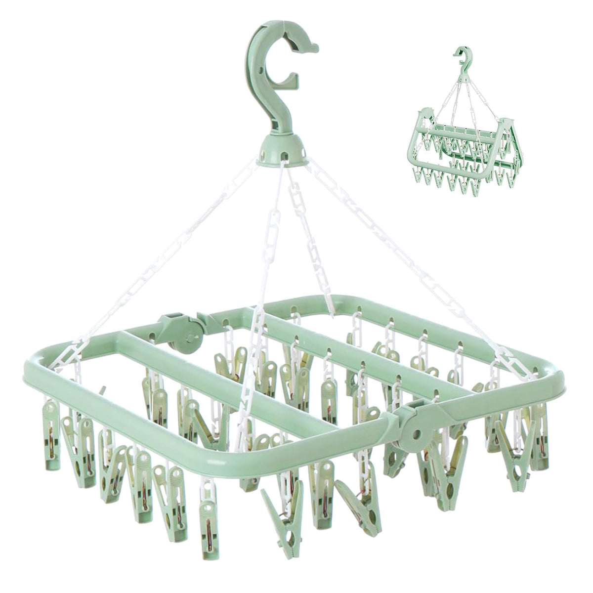 Laundry Drying Rack with 32 Clips, Foldable, Light Green