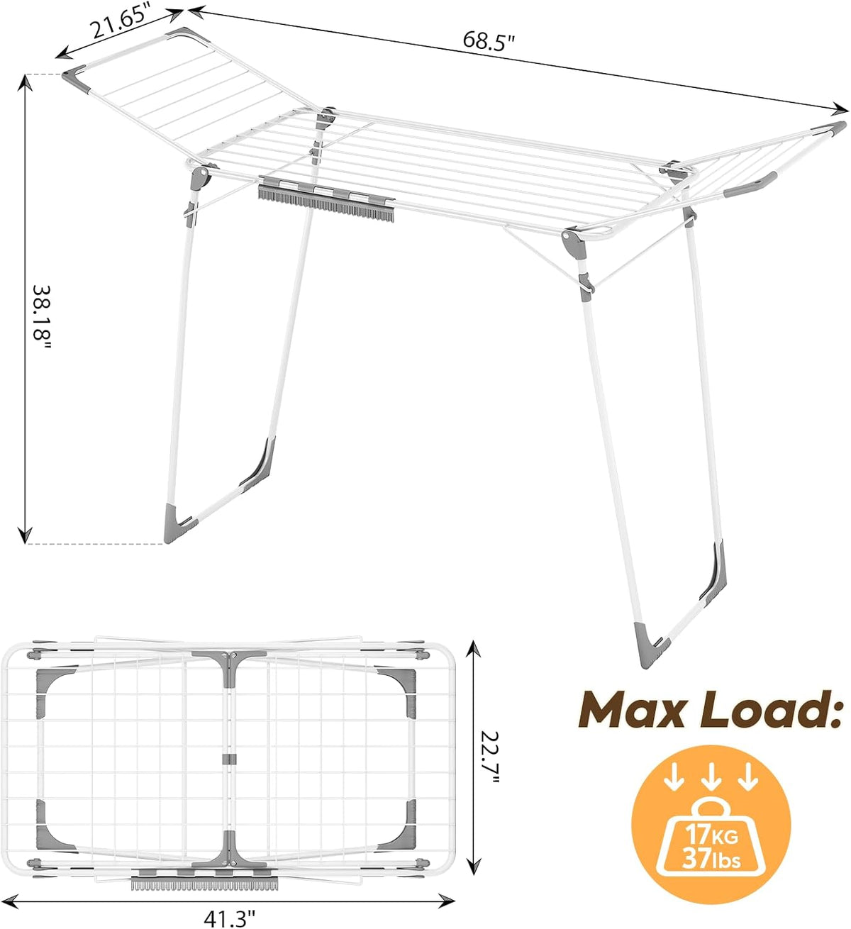 KINGBOARD Clothes Drying Rack,68.5" Heavy Duty with Sock Clips,Foldable