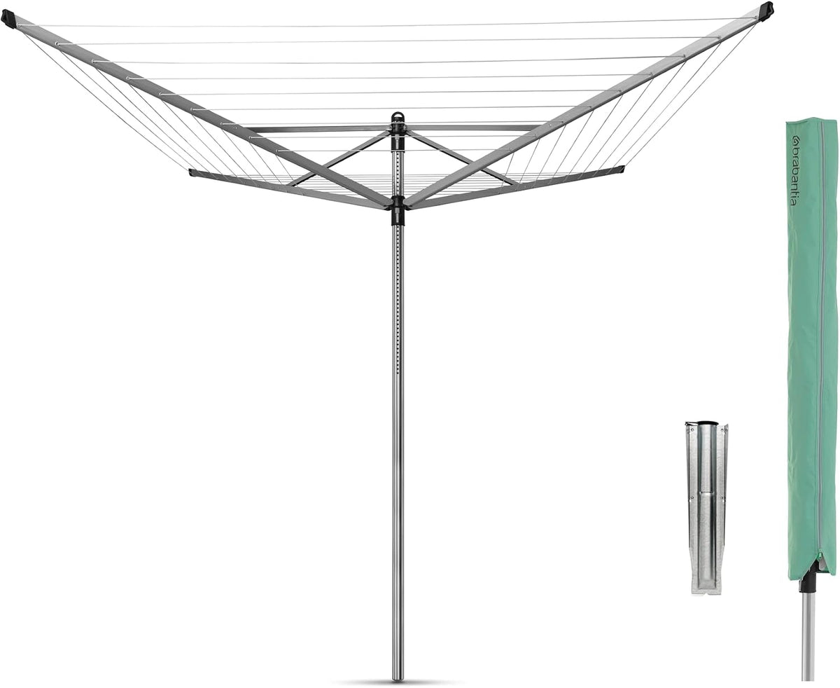 Brabantia Lift-O-Matic Outdoor 4 Arm Clothesline (197 ft/Ø 1.8") Height Adjustable, Folding Clothes Drying Rack + Ground Spike & Cover (Gray)