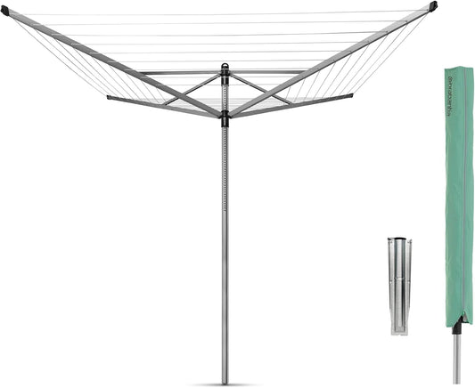 Brabantia Lift-O-Matic Outdoor 4 Arm Clothesline (197 ft/Ø 1.8") Height Adjustable, Folding Clothes Drying Rack + Ground Spike & Cover (Gray)