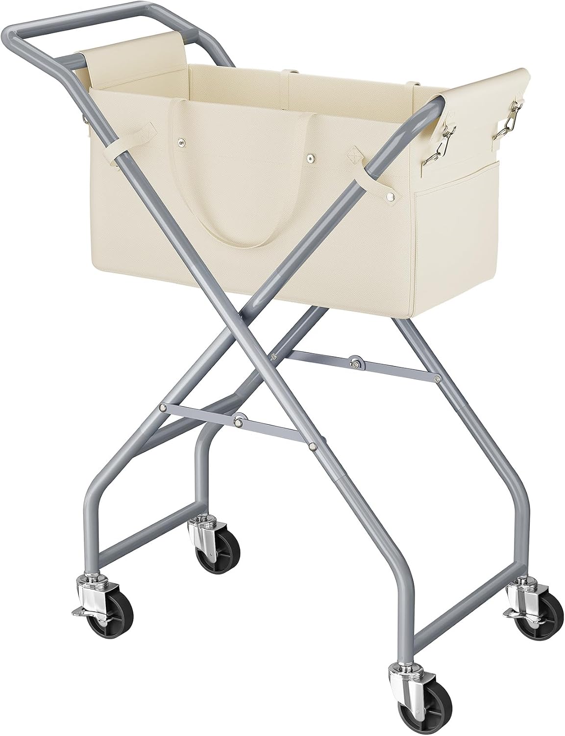 No-Bend Laundry Cart Rolling Hamper with Locking Wheels & Handle, Foldable Basket Screw-Free Assembly, Durable Metal Frame & Removable Liner Bag for Bedroom & Bathroom (Beige)