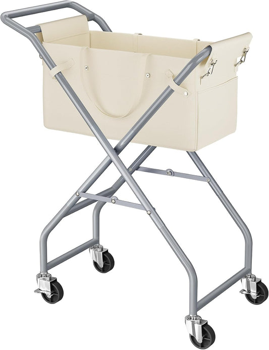 No-Bend Laundry Cart Rolling Hamper with Locking Wheels & Handle, Foldable Basket Screw-Free Assembly, Durable Metal Frame & Removable Liner Bag for Bedroom & Bathroom (Beige)