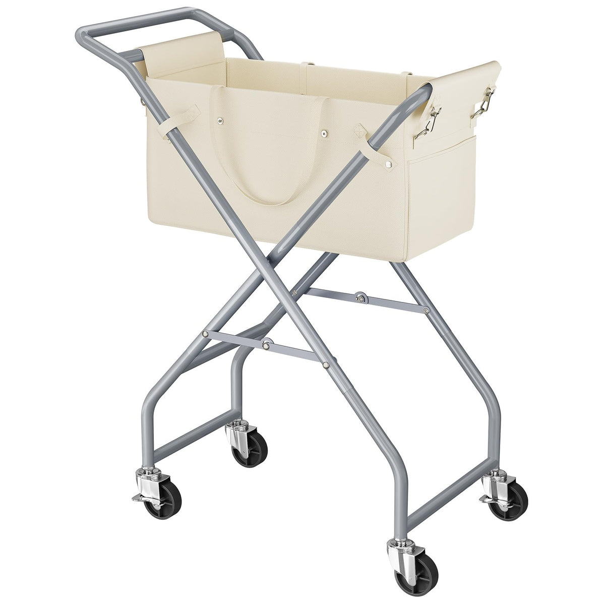 No-Bend Laundry Cart Rolling Hamper with Locking Wheels & Handle, Foldable Basket Screw-Free Assembly, Durable Metal Frame & Removable Liner Bag for Bedroom & Bathroom (Beige)