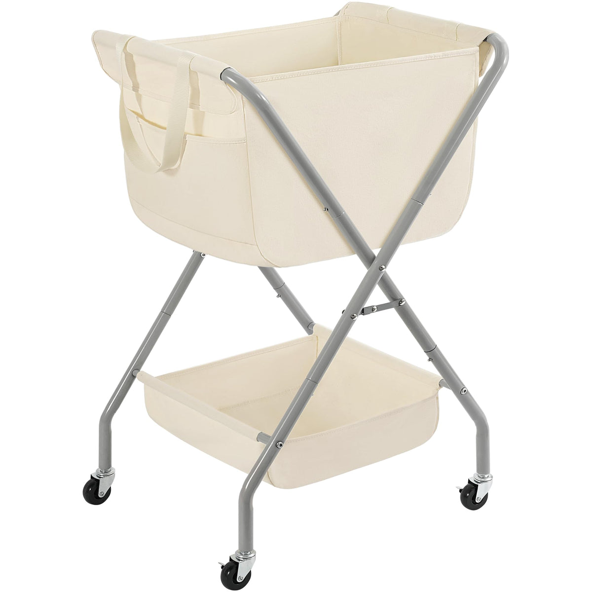 STORAGE MANIAC Collapsible Laundry Cart with Wheels 31.5"H Rolling Laundry Hamper Clothes Basket with Wheels, Canvas Liner Sturdy Steel Frame Folding for Small Narrow Space Easy Storage, Beige