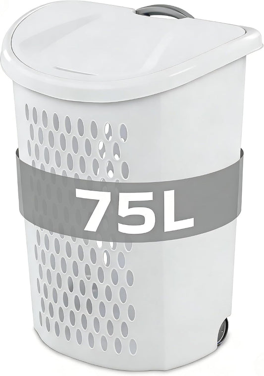 White Wheeled Plastic Laundry Hamper 75L – Adult-Sized Rolling Basket With Handles For Home & Dorms
