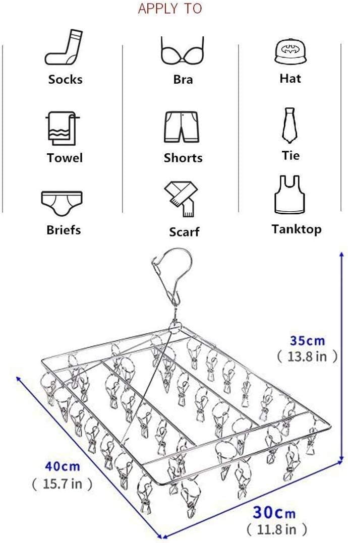 Stainless Steel Sock Drying Rack with 36 Clips, Swivel Hook Wind-Proof Clothes Hanger Rack for Sock, Bras, Underwear, Laundry Accessories