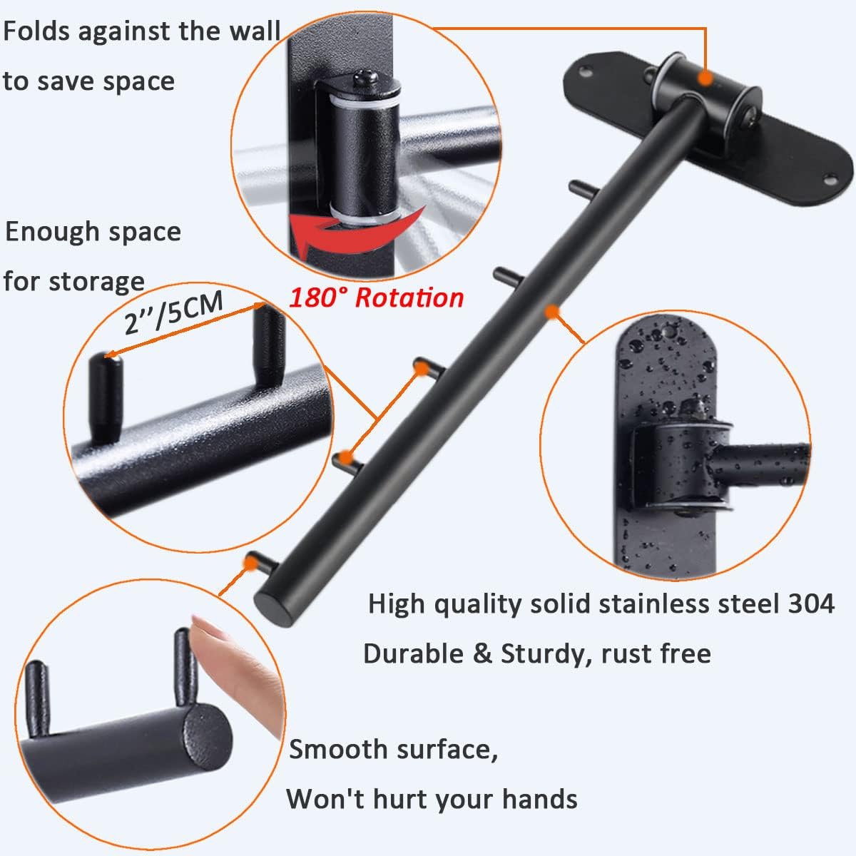 Folding Wall Mounted Clothes Hanger Rack with Swing Arm, Foldable 180°Rotation, Stainless Steel 304 Folding Clothes Hanger Drying Rack Rod, for Laundry Room Valet Hook (Black)