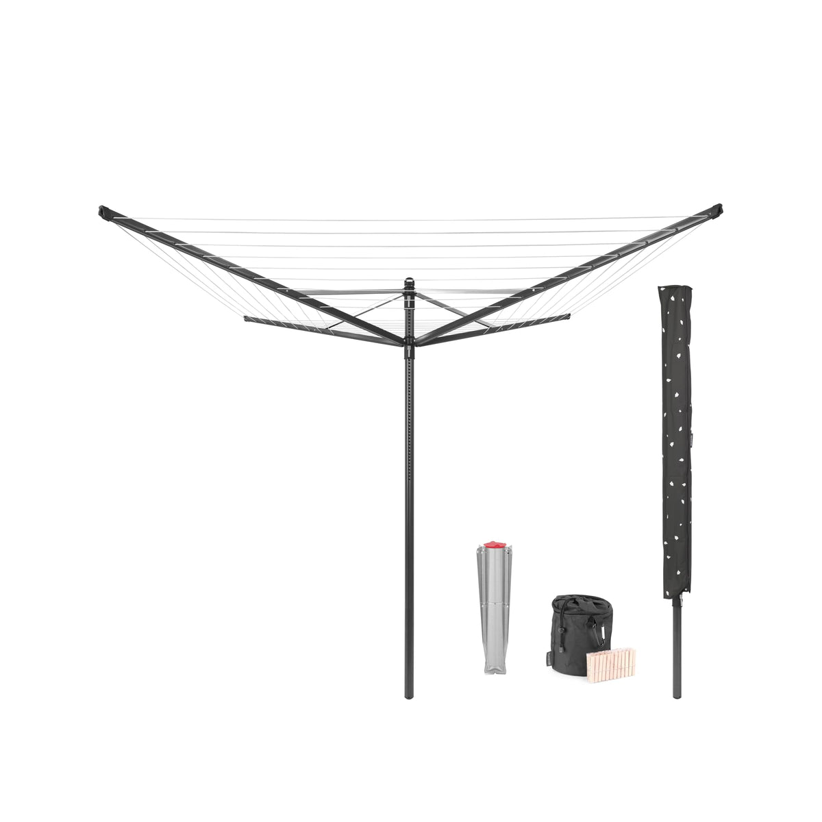 Brabantia Lift-O-Matic Outdoor 4 Arm Clothesline (197 ft/Ø 1.8") Height Adjustable, Folding Clothes Drying Rack + Ground Spike & Cover (Gray)