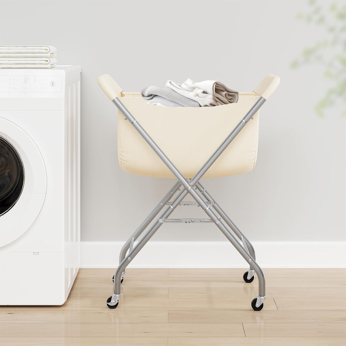 ELYKEN Laundry Basket with Wheels, Collapsible Laundry Hamper, Cream