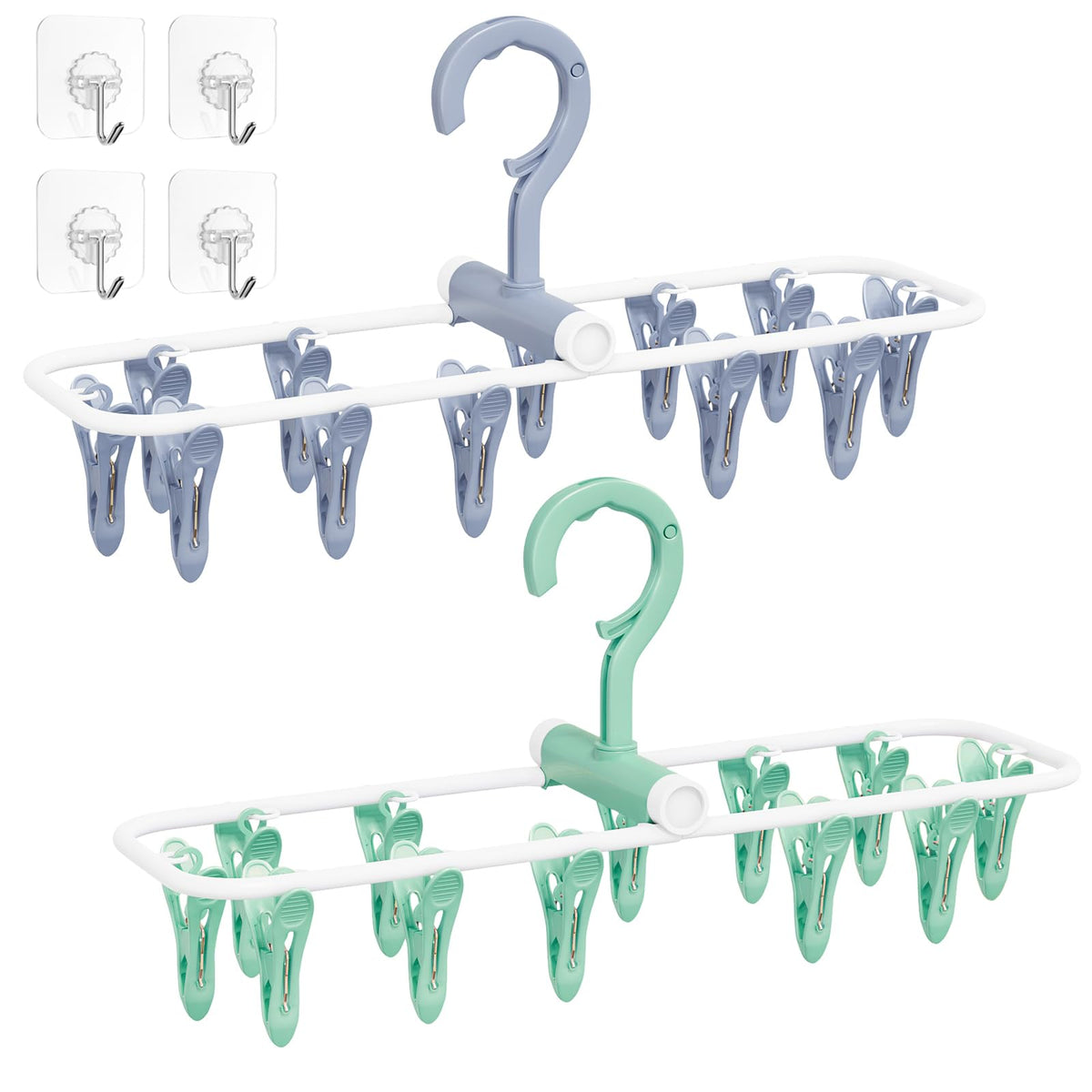 Clothes Drying Hanger with 12 Clips, 2 Pack Folding Portable Hanging Drying Rack,Drip Foldable Hanging Rack, 360° Rotatable Hook for Drying Towels Bras Baby Clothes Gloves Plastic(Blue&Purple)