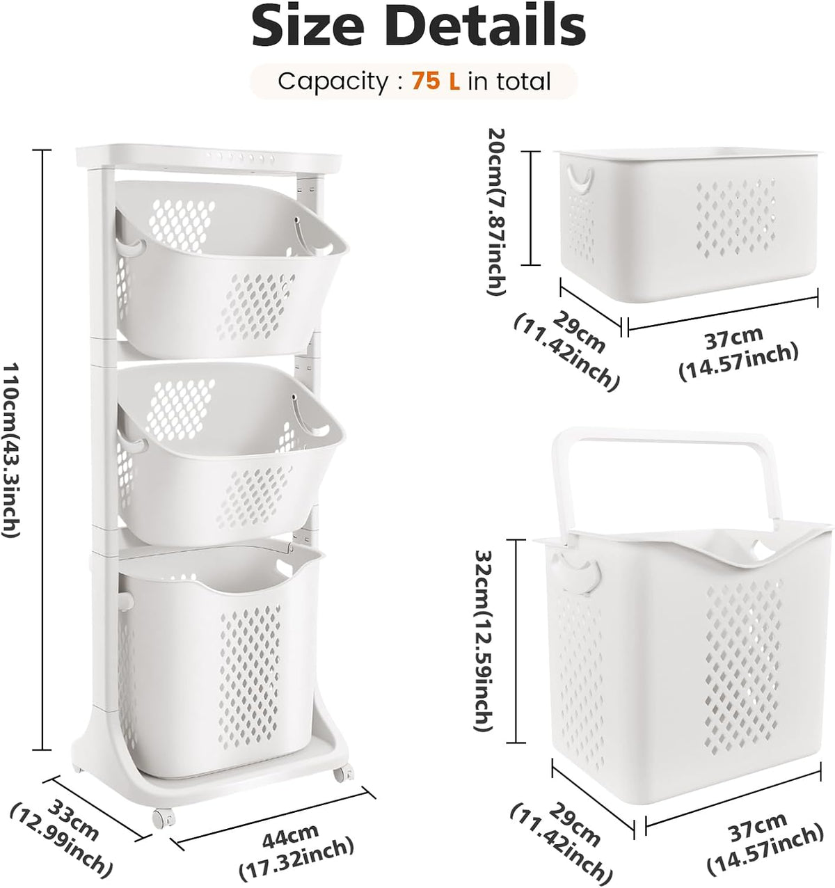 BAOKALER Rolling Laundry Hamper Cart with Wheels, 3 Tier Laundry Baskets