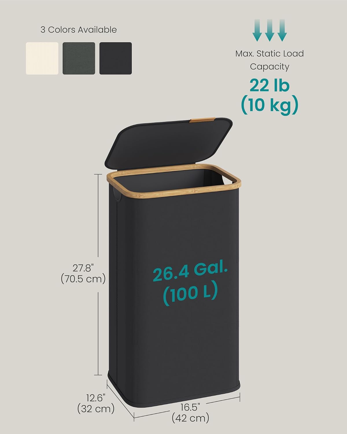 SONGMICS Laundry Hamper with Lid, 100L Laundry Basket, Bamboo Frame