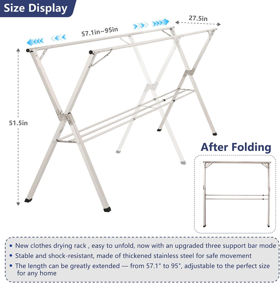 95 inches Foldable Clothes Drying Rack, Stainless Steel Indoor Outdoor Use