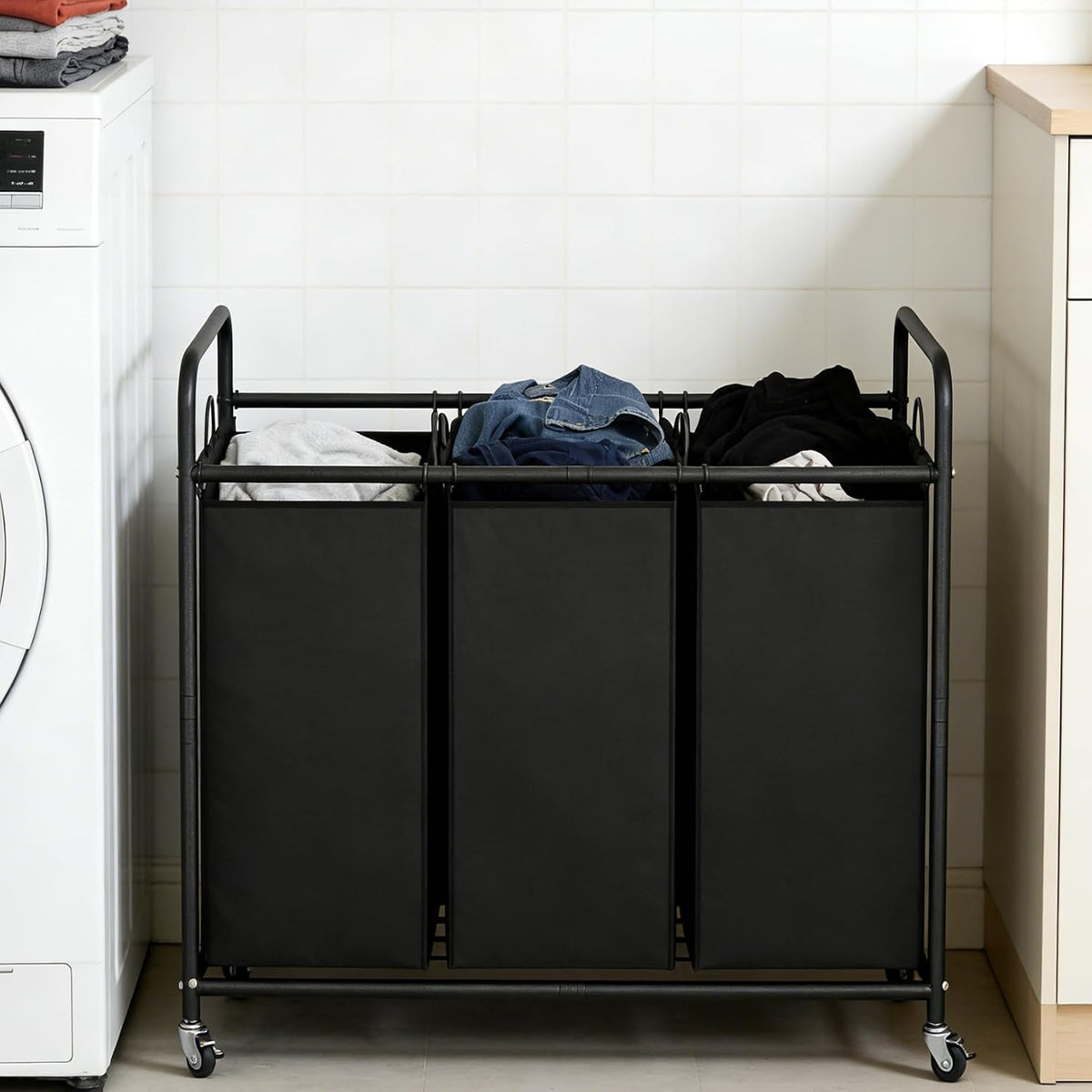 LINZINAR 3 Section Laundry Hamper, Black Laundry Basket 135L Laundry Sorter