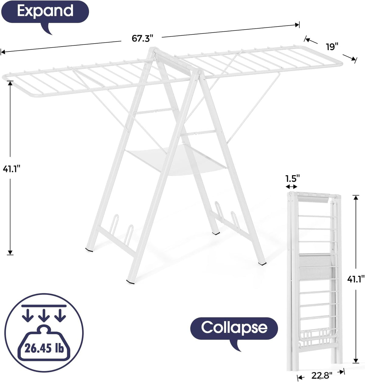 APEXCHASER Clothes Drying Rack, 67.7" L Height Adjustable, Foldable, White