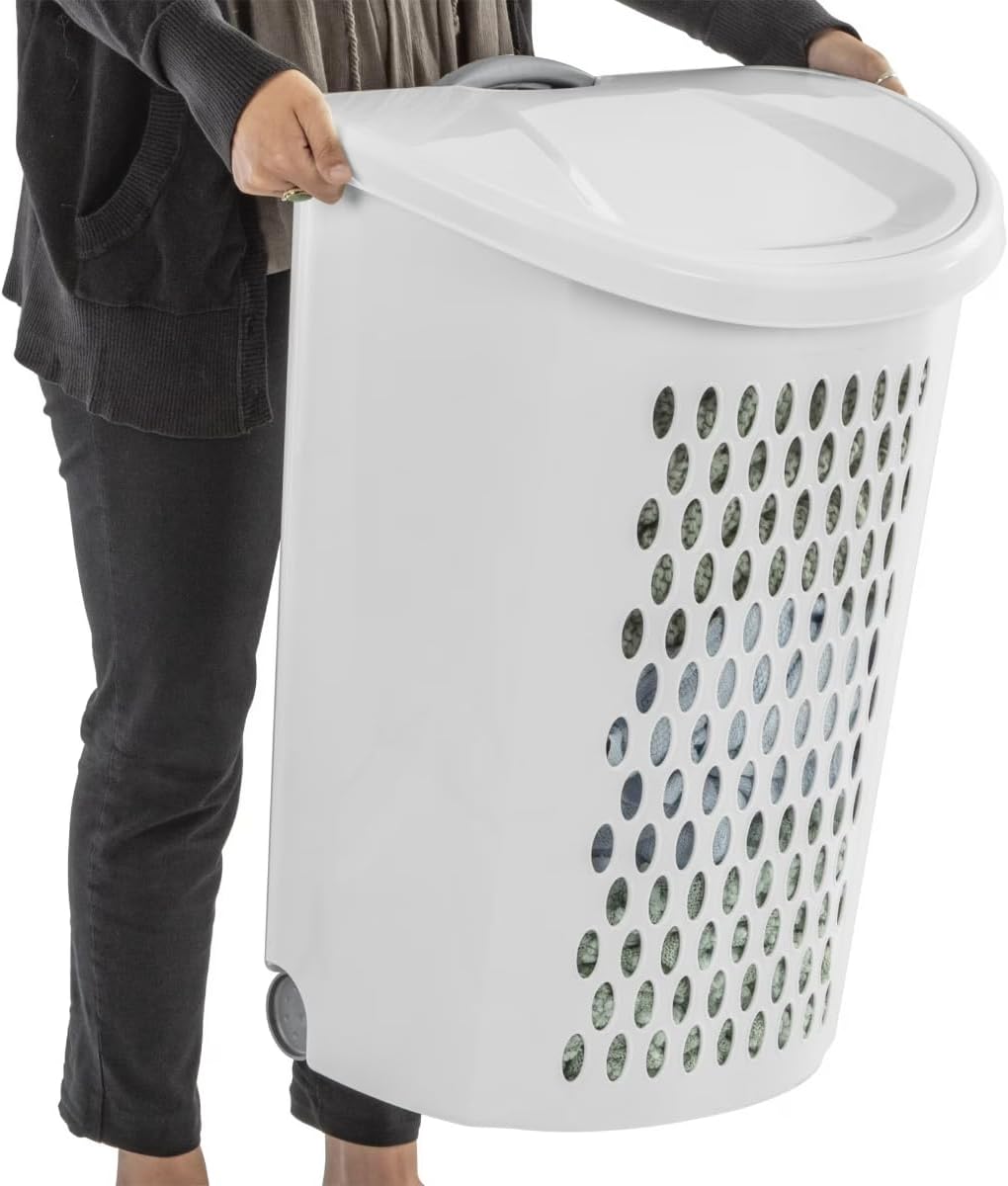 White Wheeled Plastic Laundry Hamper 75L – Adult-Sized Rolling Basket With Handles For Home & Dorms